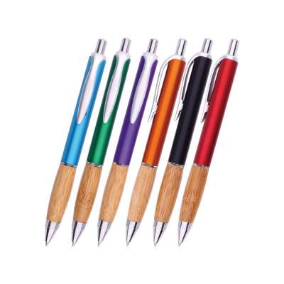 Wholesale promotional custom logo plunger action ballpoint pen with bamboo gripper